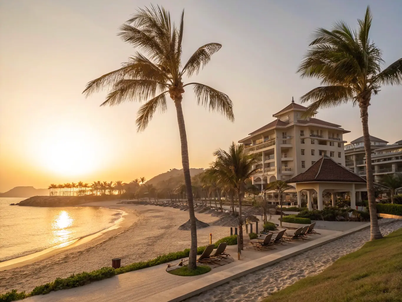 A luxurious resort overlooking a pristine beach with crystal-clear waters, capturing the essence of the luxury escapes edition of Escape and Explore.