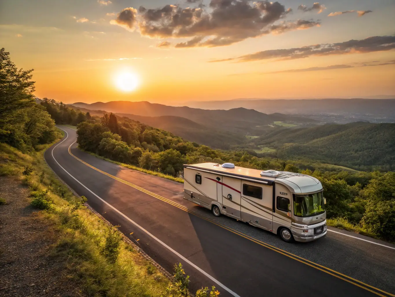 A scenic shot of a modern RV parked in front of a breathtaking mountain range at sunset, symbolizing the freedom and adventure of RV travel.