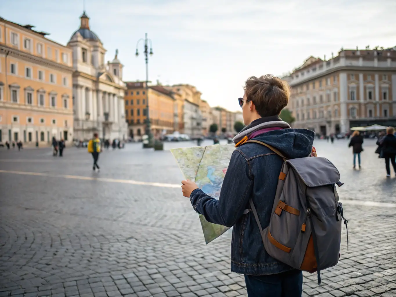 A vibrant photo of a traveler excitedly pointing at a map in a bustling European city, capturing the spontaneity and excitement of unplanned travel.