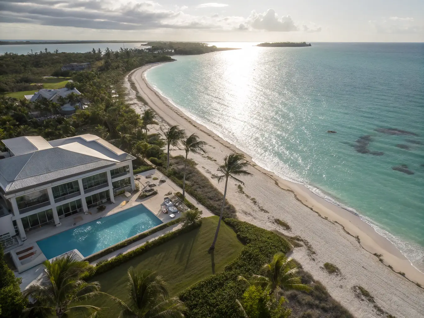 An aerial view of a luxurious resort nestled on a tropical island with crystal-clear turquoise waters, representing the epitome of luxury travel.