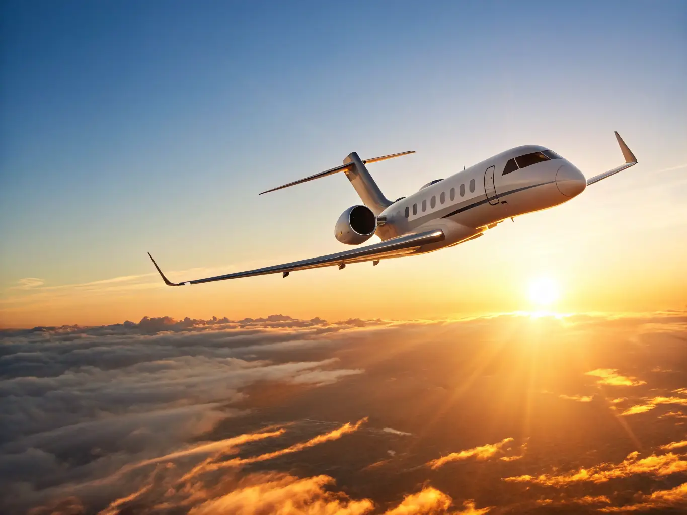 An aerial view of a luxury private jet soaring above a tropical island, with crystal-clear turquoise waters below. The image should convey a sense of luxury and exotic travel, representing the Skybound edition of Escape and Explore.