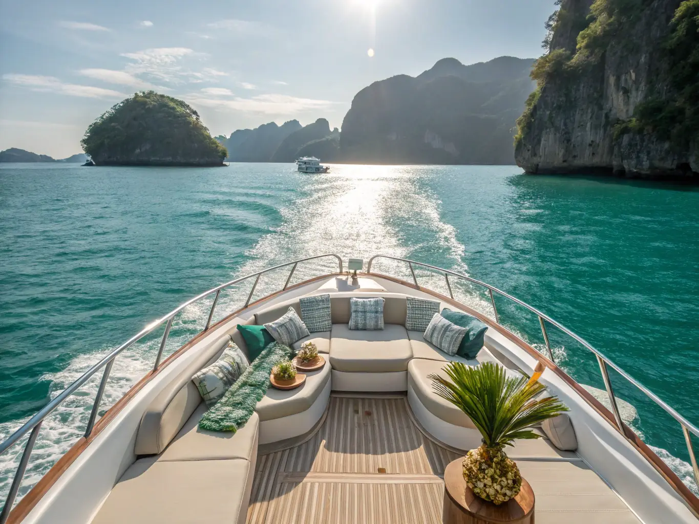 A serene image of a luxury yacht sailing through crystal-clear turquoise waters, capturing the tranquility and beauty of the Waterways edition.