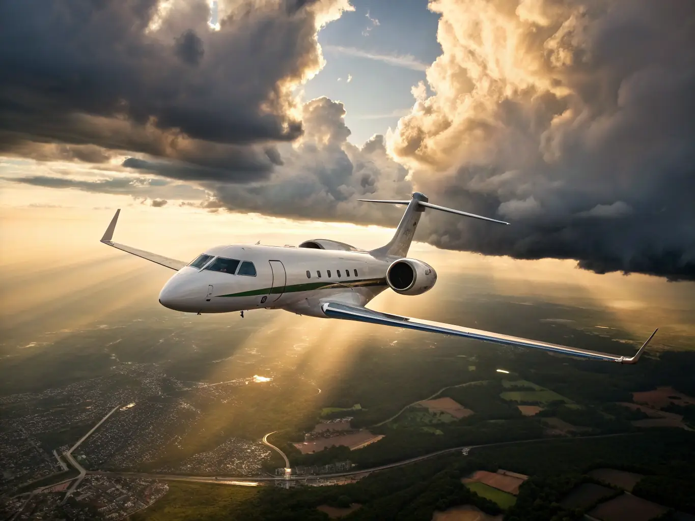 A breathtaking aerial view of a modern private jet soaring above a stunning cityscape, representing the luxury and global reach of the Skybound edition.