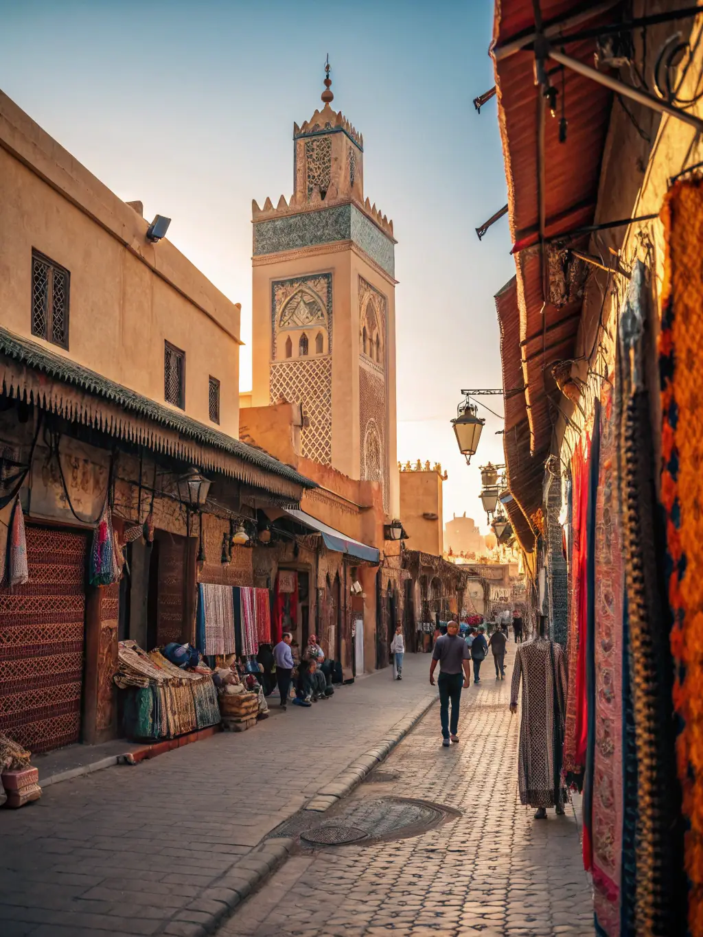 A bustling marketplace in Marrakech, Morocco, filled with exotic spices, vibrant textiles, and local artisans, representing a cultural immersion experience featured in Skybound.