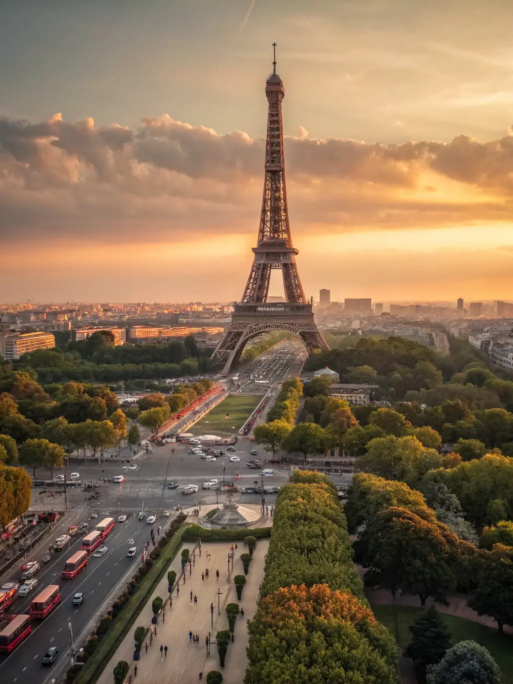 The Eiffel Tower illuminated at night, with a sleek private jet parked nearby, symbolizing a luxurious and romantic getaway in Paris for the Skybound edition.