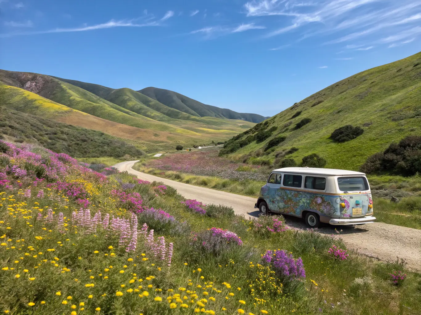 A scenic shot of a vintage RV cruising down a picturesque highway, symbolizing the freedom and adventure of the Roadtrip edition.