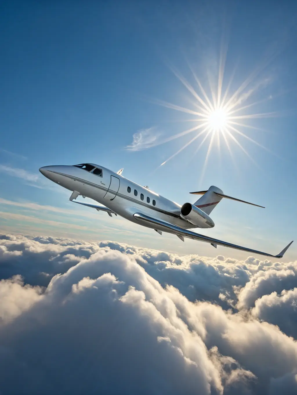 A luxurious private jet soaring above the turquoise waters of the Caribbean, capturing the essence of high-end travel and adventure for the Skybound edition.