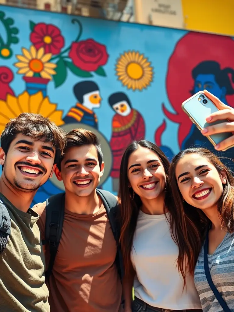 A group of friends laughing and taking selfies in front of a vibrant mural in Mexico City, showcasing the fun and cultural immersion offered by Epic Event Trips.