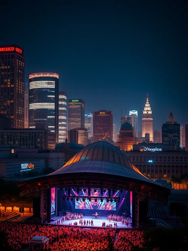 A vibrant image of Mexico City's skyline at night, with a concert venue visible in the foreground, showcasing the city's modern and energetic atmosphere.