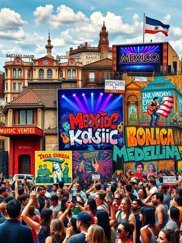 A collage of images showcasing iconic music venues, street art related to music, and enthusiastic concert-goers in all three cities: Mexico City, Bogotá, and Medellín.