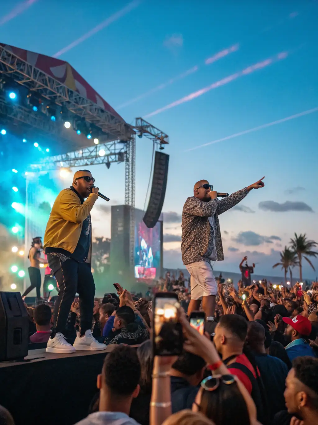 A dynamic shot of a crowd dancing at an EDM festival in Medellín, set against the backdrop of the city's modern architecture and lush green hills.