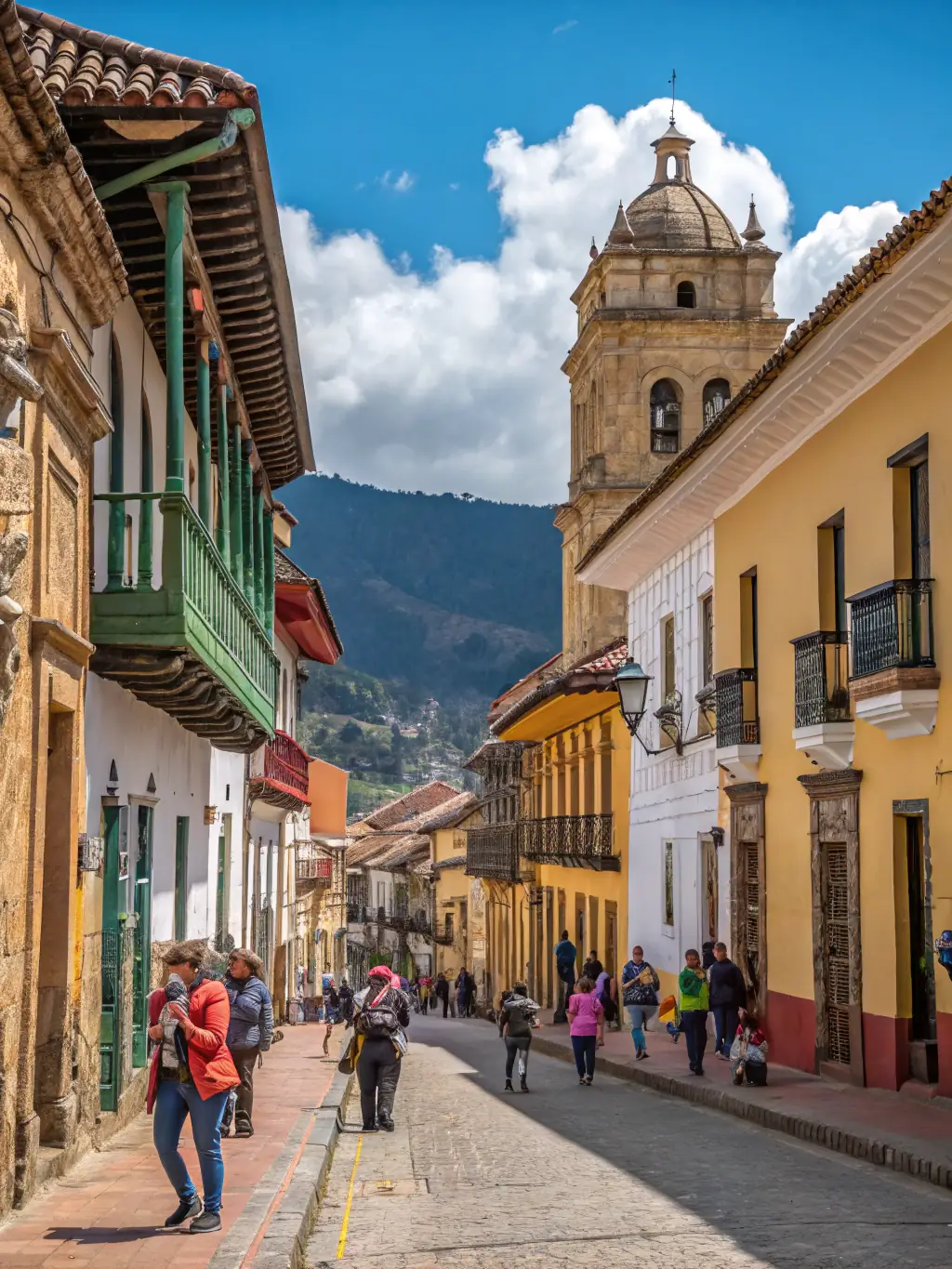 A colorful photo of a street performance in Bogotá, capturing the essence of the city's vibrant Latin music culture and lively atmosphere.