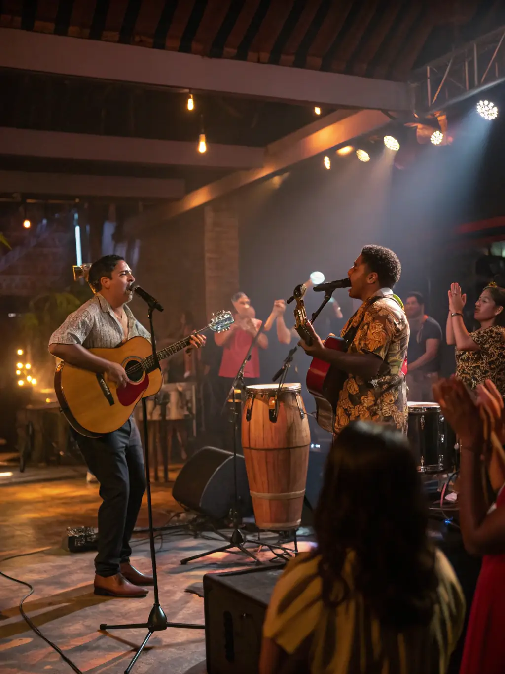A photo of concert-goers in Bogotá, Colombia, enjoying a live music performance with the city skyline in the background, emphasizing the vibrant nightlife and music scene.